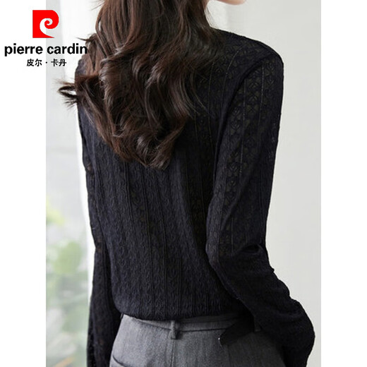Pierre Cardin Lace Top Women's Slim Fit Half-Turtle Collar Long-Sleeved Hollow Inner Western-style Bottoming Shirt 2025 Spring and Autumn New Niche Black Lined 3XL