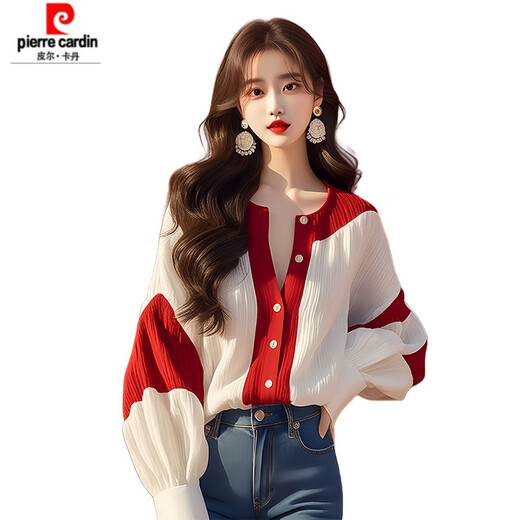 Pierre Cardin (pierre cardin) red and white contrast lantern sleeve chiffon shirt 2025 early autumn new French light luxury chic top women's color matching XL 115-130Jin Jin equals 0.5 kg