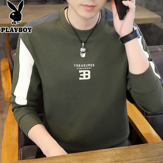 花花公子卫衣男士秋冬季圆领拼色长袖t-恤内搭打底衫帅气上衣加绒加厚秋衣 8902【春秋款】米色 L 【建议105-125斤】