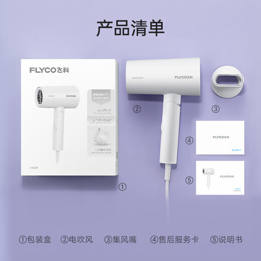 FLYCO hair dryer negative ion household high-power hair dryer dormitory students portable foldable 1800W foldable milk white