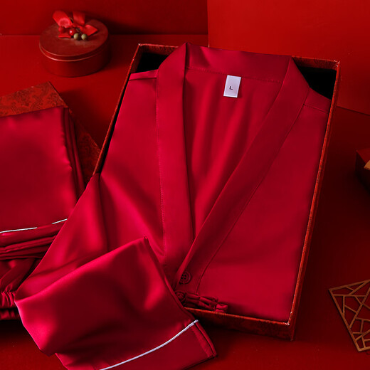 VURM Silk Pajamas Women 100 Mulberry Silk Spring and Summer Wedding Birth Year Couple Red Home Wear Gift Box Set Chang Xiangsui (Men's Style) L