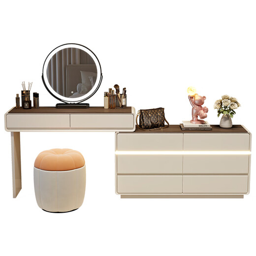 Yuke Dressing Table with Lights New Solid Wood Small Apartment Modern Simple Dressing Table Bedroom Drawer Cabinet Integrated Light Luxurious and High-Level 100cm White Walnut Surface + Six Drawer Cabinet + Round Mirror + Storage Pumpkin Stool