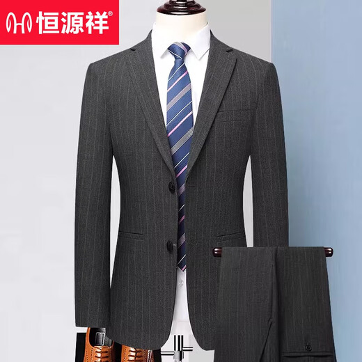 Hengyuanxiang Spring and Autumn Men's Suit Suit for Young and Middle-aged Business Casual Formal Wear Wool Korean Striped Suit-like No-iron Dress Black Gray Dark Fine Vertical Stripes 8982 Spring Autumn Winter Style 3XL 190/104A 54