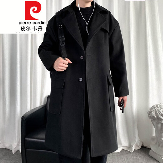 皮尔卡丹（pierre cardin）军绿色成熟稳重男装感风衣男中长款冬季苏联军呢大衣外套 黑色 M