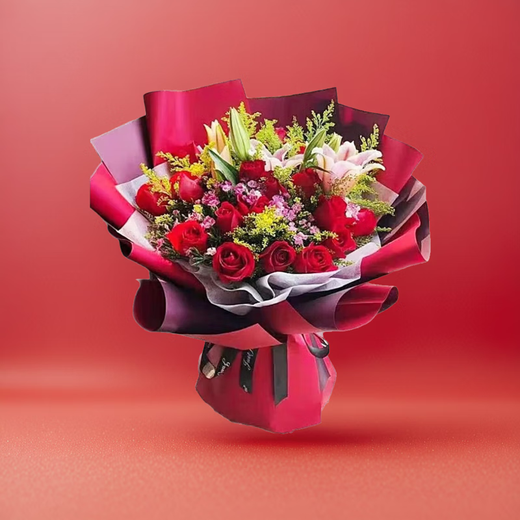 Romantic season flower express delivery in the same city. Red rose bouquet to express love to girlfriend, birthday gift, wedding anniversary, national flower shop. 19 red roses + 6 pink lilies. Delivery today - flower delivery time can be made by appointment.