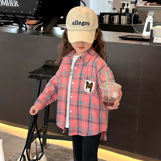 Tutu Elephant Girls' Shirt 2026 Spring New Baby Retro Plaid Shirt Children's Brushed Jacket Pink 140