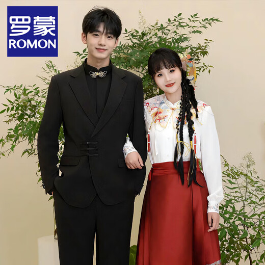 ROMON high-end new Chinese-style Zhongshan suit for men engaged, groom, wedding, Chinese style suit, Tang suit jacket for men, black suit + pants + gold button embroidered shirt XL