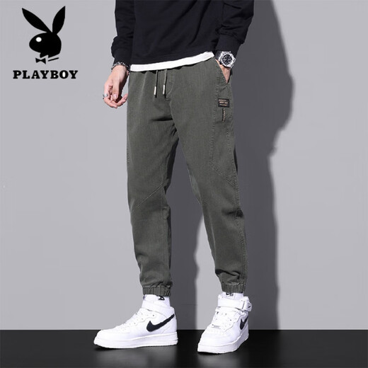 花花公子（PLAYBOY）2025春秋新款男士束脚休闲裤青少年百搭休闲裤潮流日常学生休闲裤 军绿色9859 M