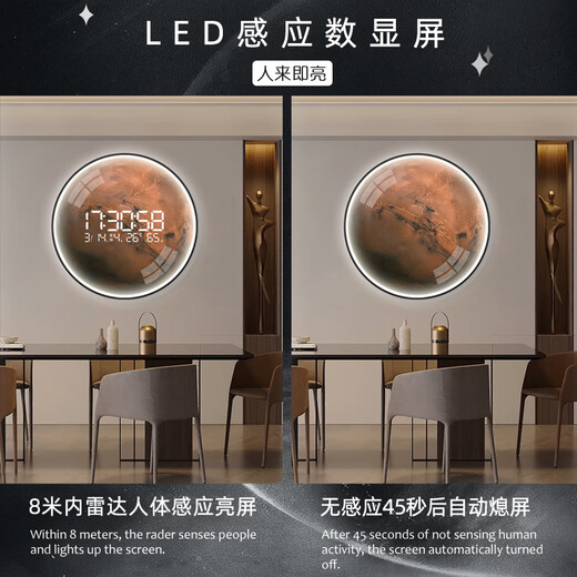 Petite peinture horloge haut de gamme circulaire de lune circulaire salle à manger suspendue accrochage de l'horloge électronique horloge salon 2025 Nouveau style entrée peinture décorative horloge zp3893 [écran d'affichage numérique LED être toujours réglé sur] 24 pouces 60 * 60cm [pas de style léger]