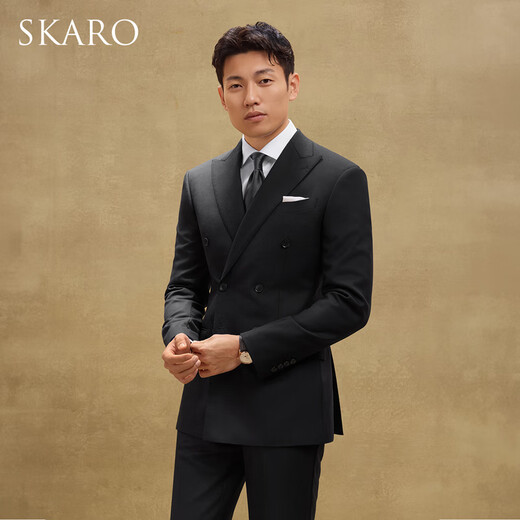 SKARO celebrity style double-breasted suit men's business high-end wedding formal black suit black SKG1001A size 48 top, please note the size of the trousers