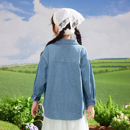 Inman girls denim shirt logo embroidery spring fashionable casual jacket for middle-aged and older children denim blue 160