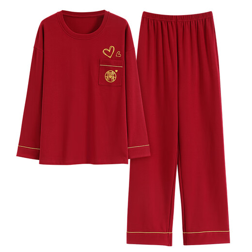 猫人蛇年睡衣女士春秋季纯棉长袖100%全棉家居服冬红色本命年V领套装 9227 XL ( 建议体重110-140斤）