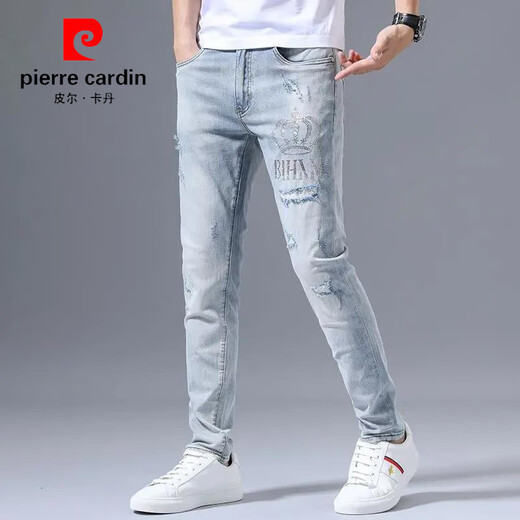 Pierre Cardin Spring und Herbst Stretch Jeans Herren zerrissene gestickte 2025 trendige schlanke Füße hellfarbene vielseitige lange Hose hellblau 3890 Krone gerissen Hosen 34 [Vorgeschlagen 155-165jin [Jin gleich 0,5 kg]]