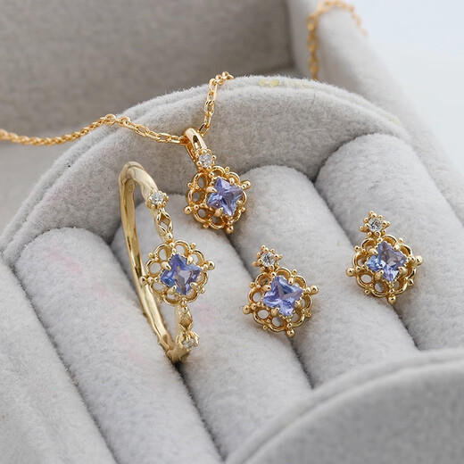 Pop Japanese nojess winter new natural tanzanite rhombus hollow ring necklace earrings 925 silver gold-plated ring US No. 5