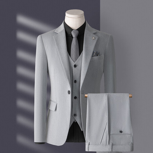 Bird-like suit suit for men, three-piece Korean style slim business casual suit for groom and wedding, medium gray, top + pants + vest, free lining L