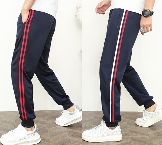 Navy blue two-striped leg-locked school uniform pants, customized plus fat plus size for boys and girls, black cotton polyester loose sports pants, navy blue wide red striped leg-locked S