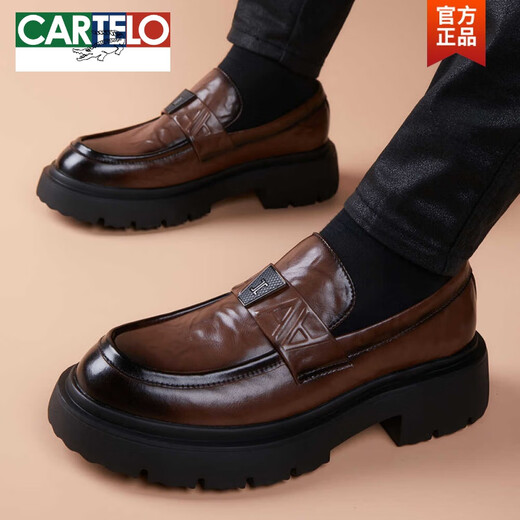 CARTELO new casual leather shoes for men, genuine leather, Korean version, trendy business thick sole, lightweight rubber foam sole, slip-on loafers, black 3H306 40