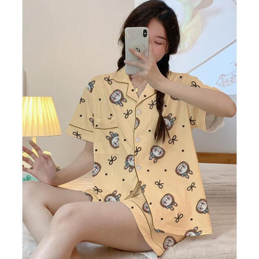 浅物2025新款labubu卡通可爱睡衣女春夏季短袖长裤三件套家居服可外穿 14126#双长拉布布 黄色 三件套  L  95-115斤