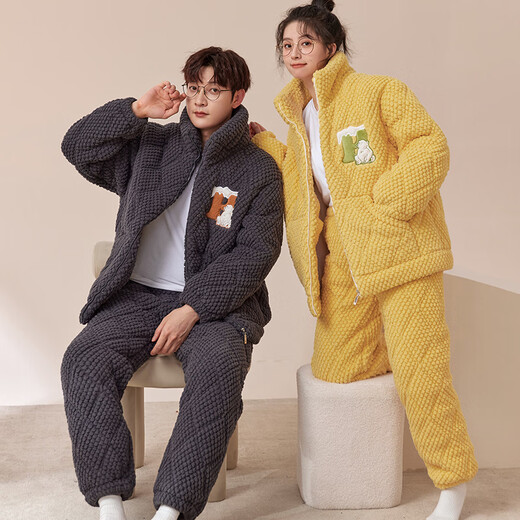 Modal couple pajamas for women winter coral velvet three-layer quilted jacket new thickened plus velvet men's flannel zipper home clothes 669401 female-889401 male M female recommended weight 80-100Jin Jin equals 0.5 kg