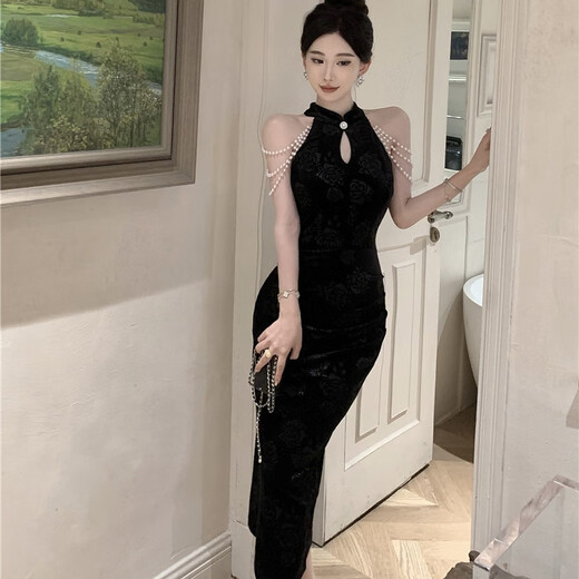 Yujiyu black skirt small evening dress banquet dress slim fishtail cheongsam dress black S recommended 80-93Jin Jin equals 0.5 kg