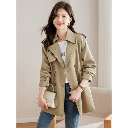Shangjing windbreaker women's small waist slimming British double-breasted commuter style jacket Khaki M