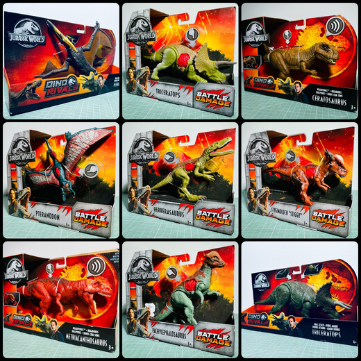 Mattel初代经典美泰战损迅猛龙侏罗纪世界玩具收藏声效中棘翼龙三角鼻龙 初代战损迅猛龙布鲁(小)