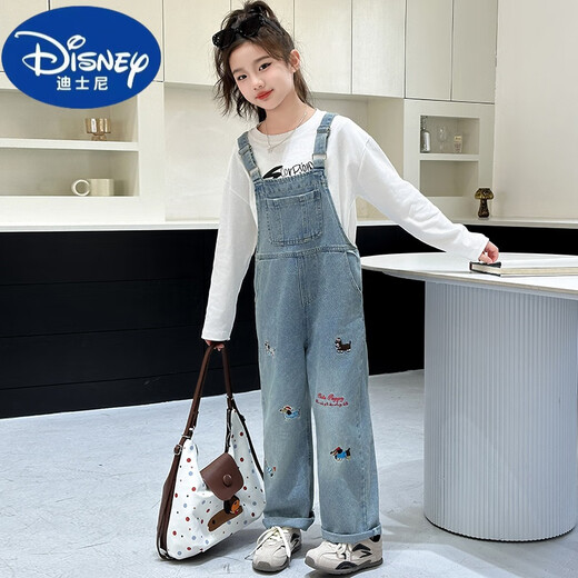 Disney (Disney) Girls Overalls Set 2025 New Children's Denim Overalls Korean Style Western Style Girls Overalls Two-piece Set Dachshund Denim Overalls Single Piece 160 cm