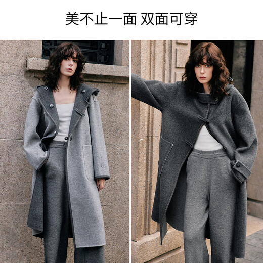 ELLE 100% sheep wool gray hooded woolen coat for women 2025 winter new long wool coat medium gray M