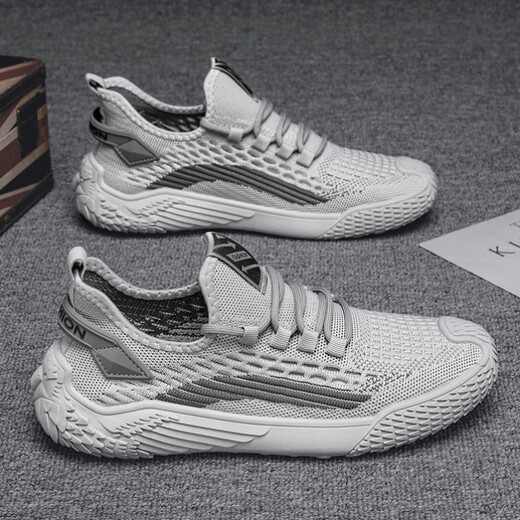 回力君椰子男鞋透气网面薄款耐磨运动休闲百搭飞织网鞋男款潮鞋 9893灰色 39