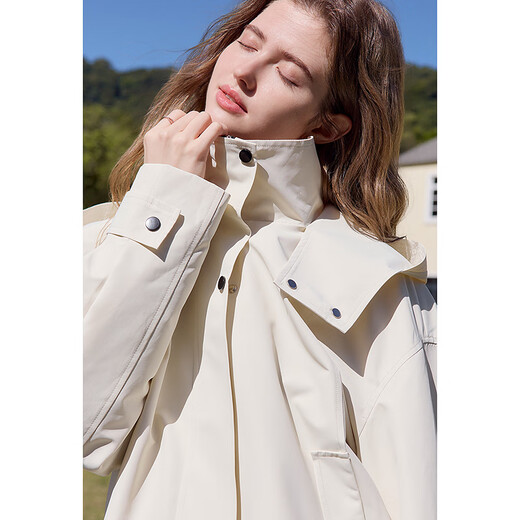 Baitu betu women's clothing 2025 spring new short jacket fashionable outdoor casual hooded windbreaker jacket women 2501T41 beige M
