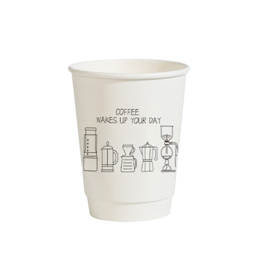 Forty thousand kilometers coffee cup double layer paper cup with lid water cup household commercial packaging cup hot drink paper cup thickened double layer COFFEE 280ml + butterfly white lid 25 sets