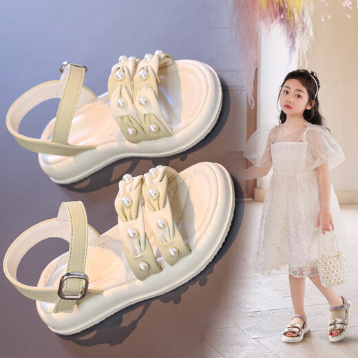 Girls Sandals 2025 New Spring and Autumn Children's Student Pearl Casual Girls Summer Soft Soled Sandals Black 34 Inner Length 21cm