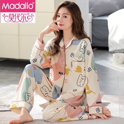 Modale Marke Pure Cotton Pyjamas für Frauen im Frühling und Herbst lange Ärmel Süßes Cartoon Baumwolle große Größe kann außerhalb von Heimbekleidungsanzug Männern LF9221 M getragen werden