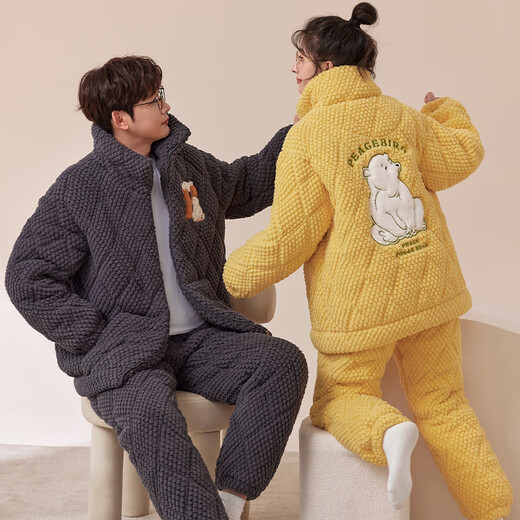 Modal couple pajamas for women winter coral velvet three-layer quilted jacket new thickened plus velvet men's flannel zipper home clothes 669401 female-889401 male M female recommended weight 80-100Jin Jin equals 0.5 kg