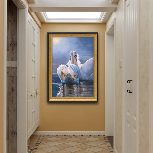 纯手绘油画天鹅湖玄关装饰画欧美式卧室挂画走 692金实木框 90X120