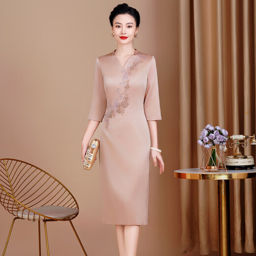 Bei Yaoxi's mother high-end wedding acetate dress cheongsam wedding mother's dress satin mother-in-law noble Xi mother-in-law dress pink three-quarter sleeves L recommended 105-115 Jin Jin equals 0.5 kg