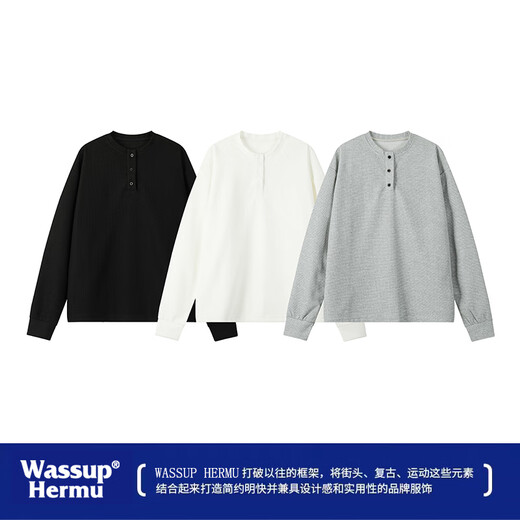 WASSUP HERMU official trendy brand sweatshirt for men in autumn and winter with relaxed feeling Henry collar waffle long-sleeved T-shirt American style inner layering shirt gray 2XL (recommended 145-165Jin Jin equals 0.5kg)