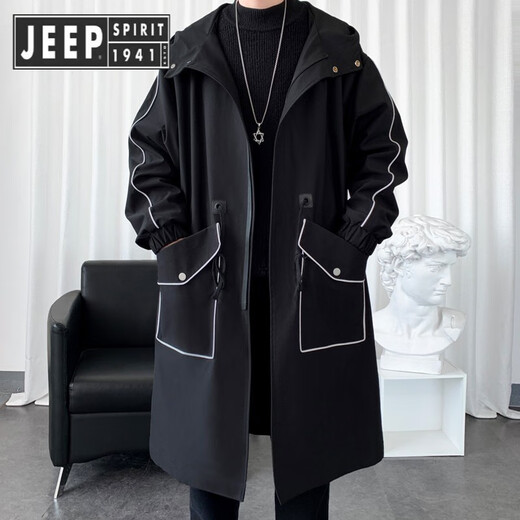 JEEP SPIRIT Jeep Windbreaker Men's Spring and Autumn Mid-Length Over-the-Knee Loose Hooded and Velvet Jacket Large Size Trendy Brand Winter Thickening 174-Dark Gray Cotton 3XL 210-230Jin Jin is equal to 0.5 kg
