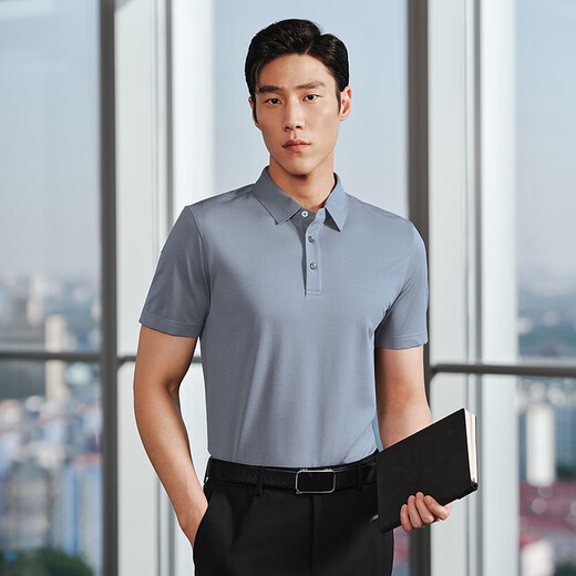 YOUNGOR short-sleeved POLO men's lapel machine washable mulberry silk blended fabric soft and comfortable business matching 2025 new product gray blue VSZS513118HFA L (recommended 135-150 Jin Jin equals 0.5 kg)