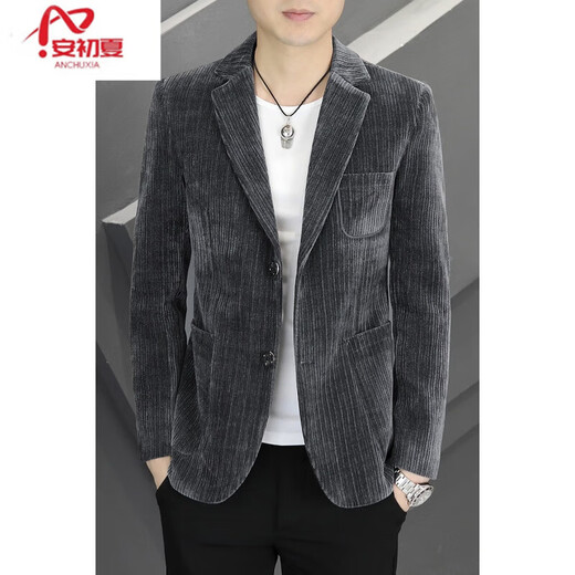 An Chuxia Spring and Autumn Men's Suit Jacket Korean Style Slim Corduroy Suit Men's Trendy Handsome Casual Single Suit Top Gray XL