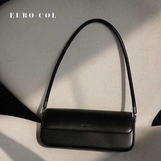 Auchan Dian baguette women's bag 2024 new style genuine leather fashion niche design shoulder crossbody portable retro women's bag black