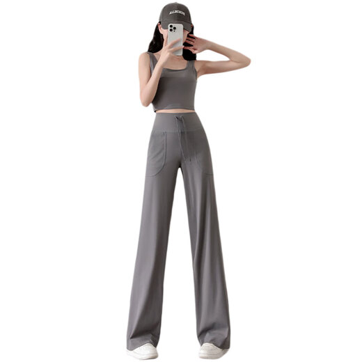 Aimengniao yoga clothing set for women 2025 new quick-drying Pilates fitness clothing sports vest loose high-waisted wide-leg pants two-piece set black + black L