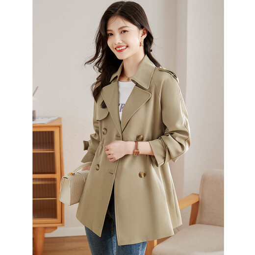 Shangjing windbreaker women's small waist slimming British double-breasted commuter style jacket Khaki M