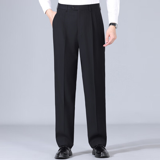 Pantalones de hombres de seda de morera de alta gama sin planchar el verano delgado de papá recto delgado delgado pantalón de doble pliegues plisados ​​de color azul oscuro (2601 doble plisado delgado) 32 [circunferencia de la cintura 2 pies 5]