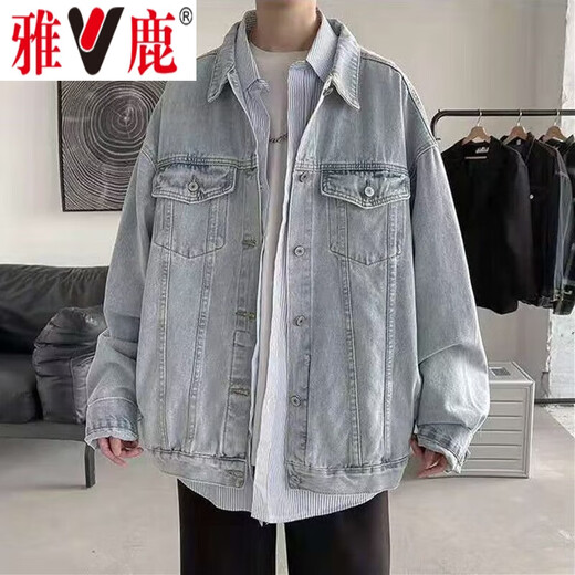 Yalu denim jacket men's autumn men's Hong Kong style trendy loose jacket tops plus velvet thickening handsome work clothes outer clothes blue regular XL recommended weight 120-140Jin Jin equals 0.5 kg