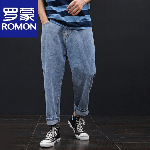 Romon Spring y Summer Oscre Legs Oscle Holle Holding Light Fat Student Nine-Point Men's Men's Fat Legs Pats de patas gruesas cortas Tether CPP9906 Azul claro [Pantalones] 29 Adecuado para 110Jin [Jin equivale a 0.5 kg]