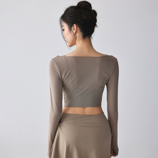 Yoga Girl Fake Two-piece Yoga Wear Long Sleeves with Padded Mesh Quick-Drying Pilates Fitness Wear Sports Top Almond M (95-115Jin Jin equals 0.5kg)