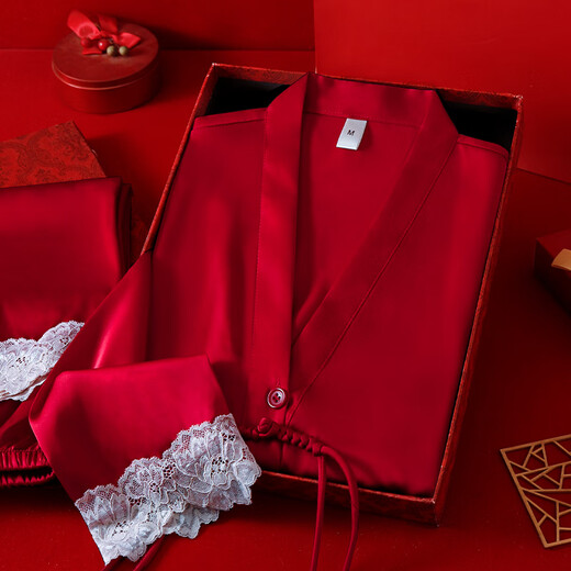 VURM Silk Pajamas Women 100 Mulberry Silk Spring and Summer Wedding Birth Year Couple Red Home Wear Gift Box Set Chang Xiangsui (Men's Style) L