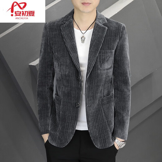 An Chuxia Spring and Autumn Men's Suit Jacket Korean Style Slim Corduroy Suit Men's Trendy Handsome Casual Single Suit Top Gray XL