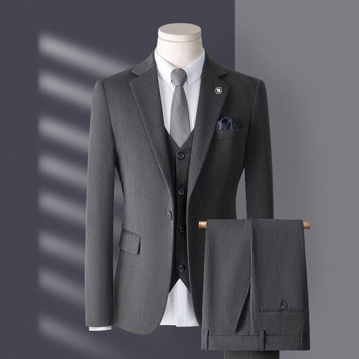 Bird-like suit suit for men, three-piece Korean style slim business casual suit for groom and wedding, medium gray, top + pants + vest, free lining L